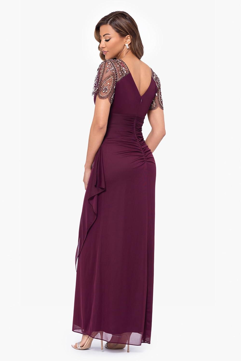 image:imageXscape Female Long Sheer Matte Jersey Beaded Flutter SleeveWineAntique