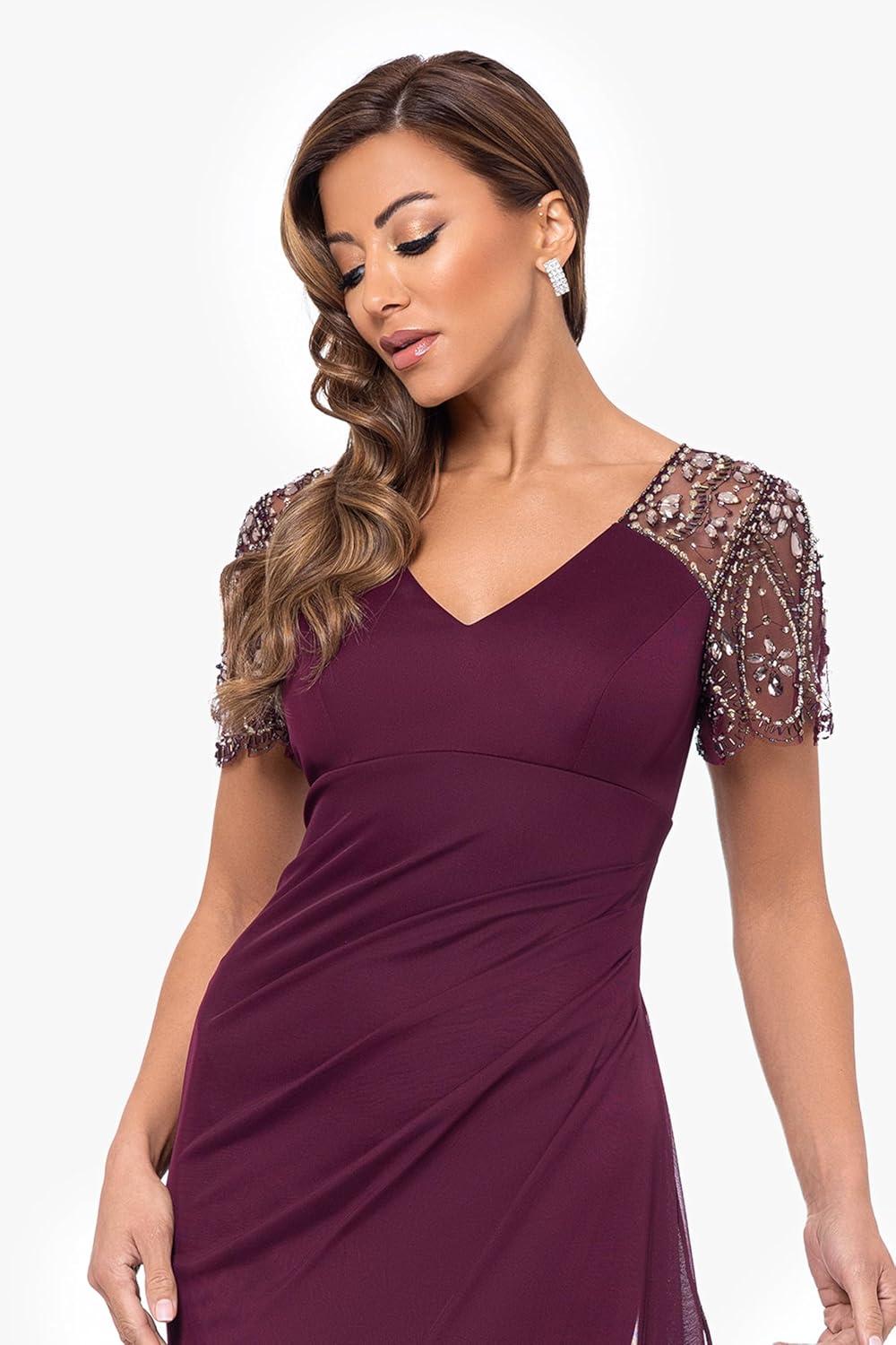 image:imageXscape Female Long Sheer Matte Jersey Beaded Flutter SleeveWineAntique