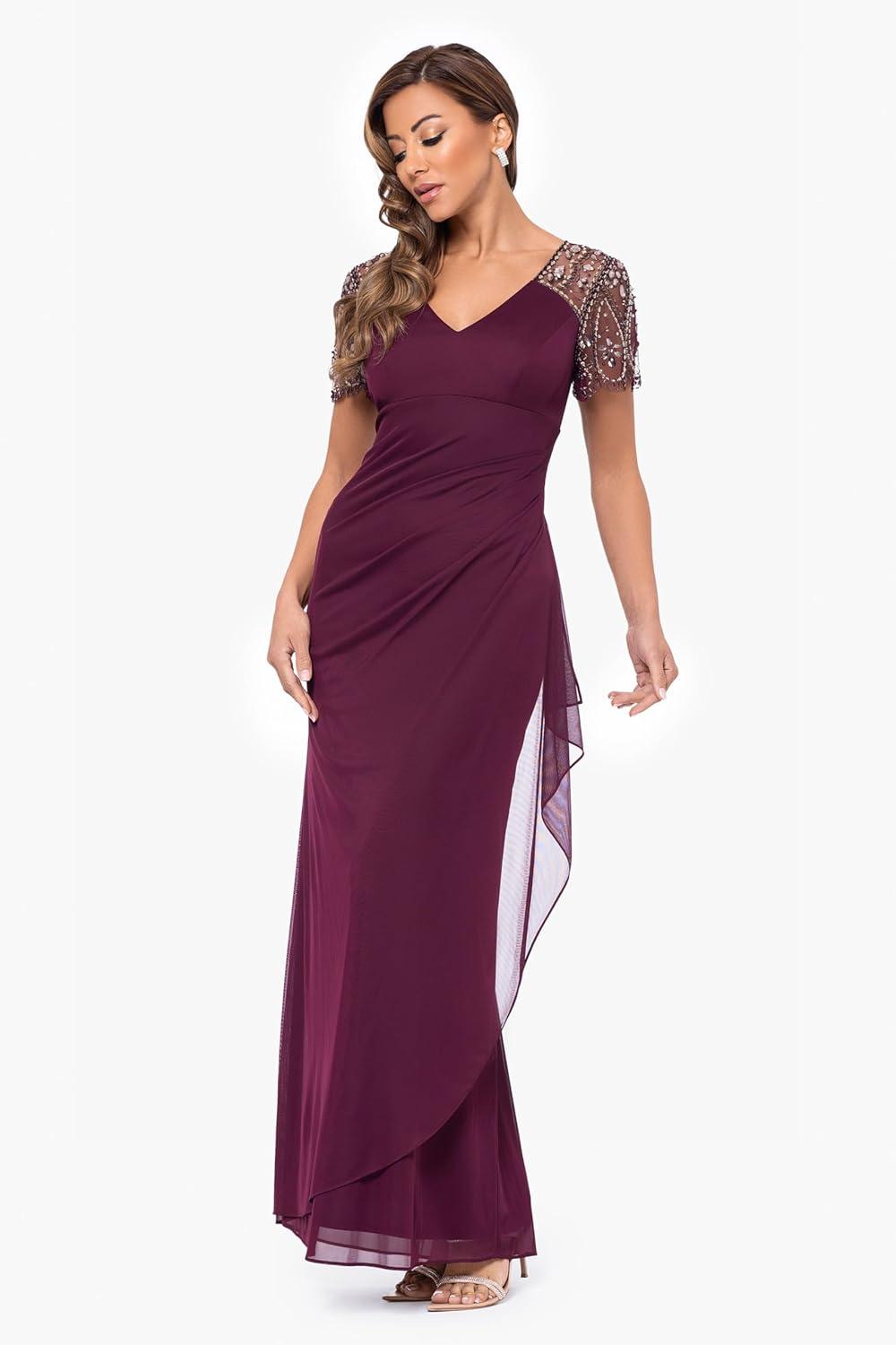 image:imageXscape Female Long Sheer Matte Jersey Beaded Flutter SleeveWineAntique