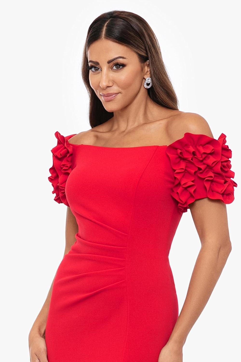 image:imageXscape Womens Betsy amp Adam Womens FloorLength OffTheShoulder Straight Neckline with Ruffled Sleeves and Fitted Silhouette