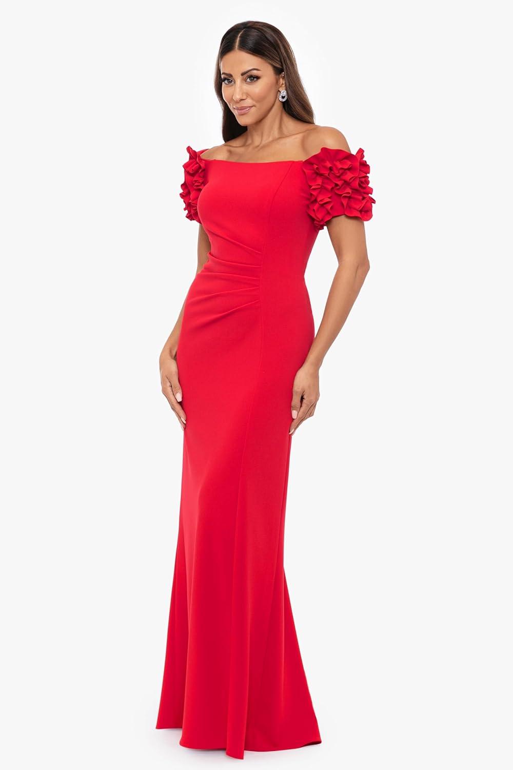 image:imageXscape Womens Betsy amp Adam Womens FloorLength OffTheShoulder Straight Neckline with Ruffled Sleeves and Fitted Silhouette