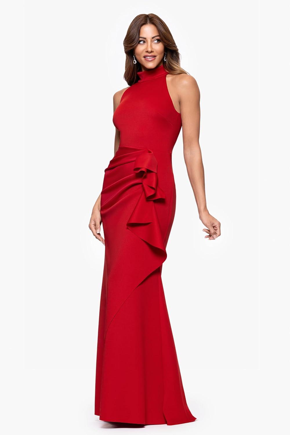 image:imageXscape Womens Betsy amp Adam Womens Scuba Crepe Sleeveless VNeck Ruffle Hem High Low DressRed