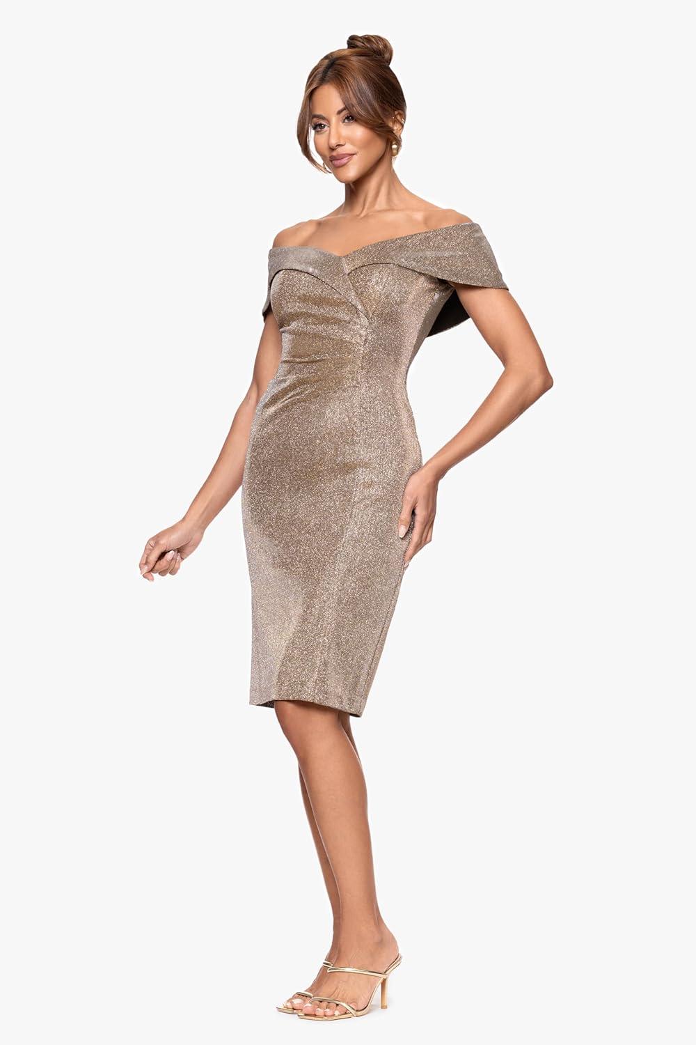 image:imageXscape Womens Galaxy Glitter Sweetheart Neckline Off The Shoulder Knee Length DressSand