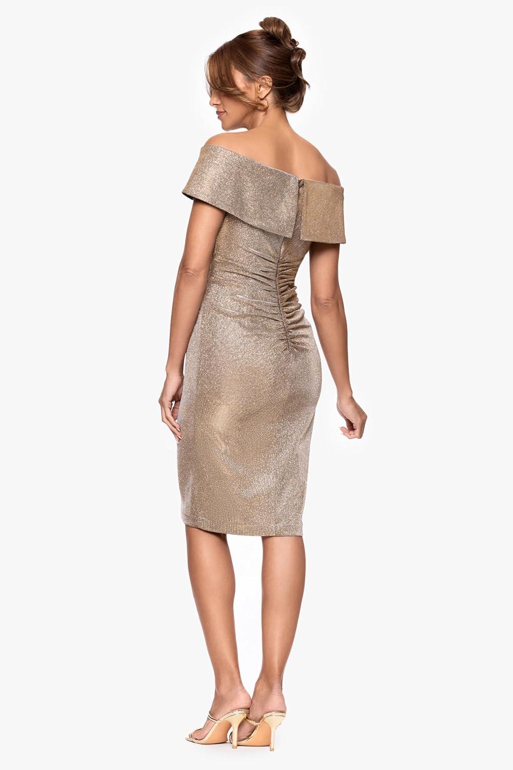 image:imageXscape Womens Galaxy Glitter Sweetheart Neckline Off The Shoulder Knee Length DressSand