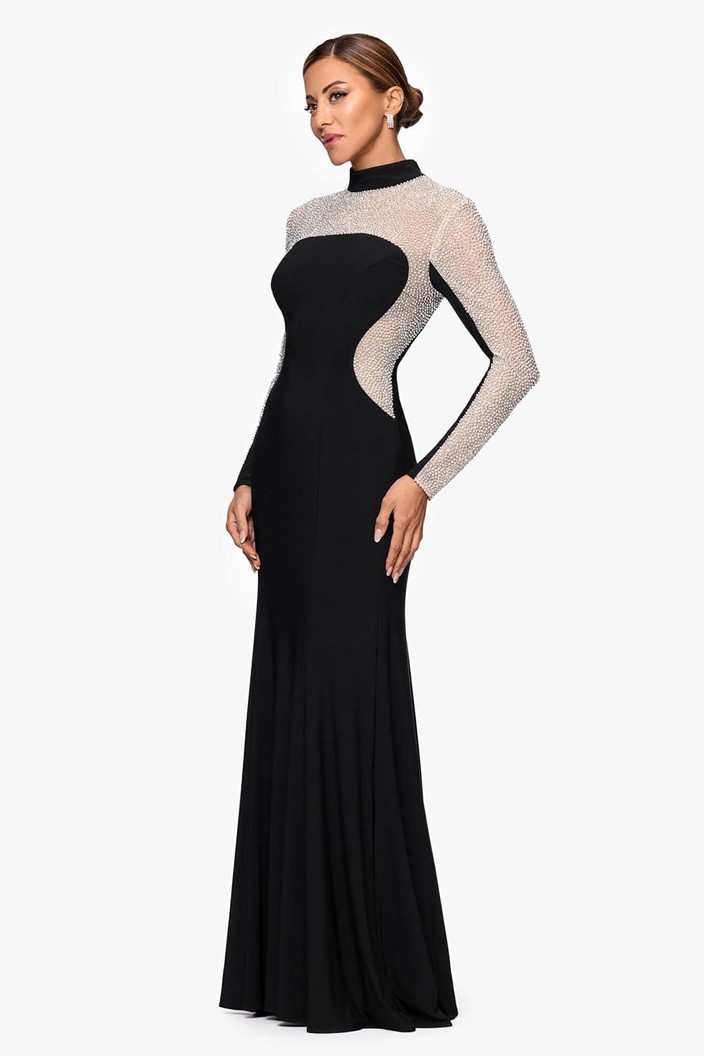 image:imageXscape Womens Jersey Knit Beaded Mock Neck Long Sleeve Floor Length DressBlackNudeSilver