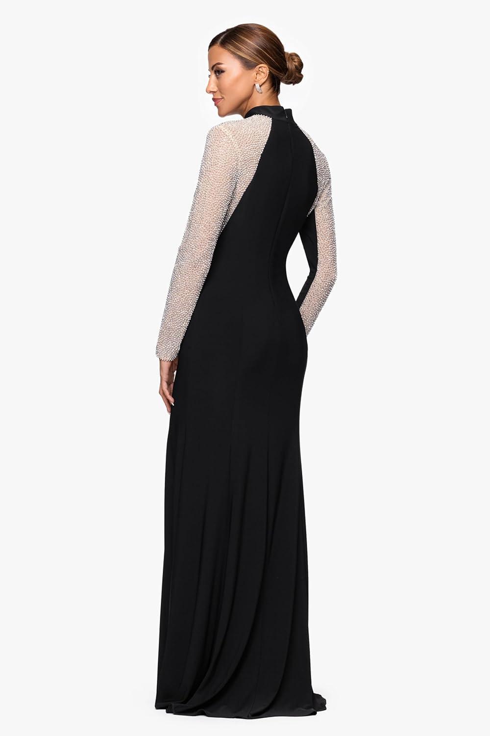 image:imageXscape Womens Jersey Knit Beaded Mock Neck Long Sleeve Floor Length DressBlackNudeSilver