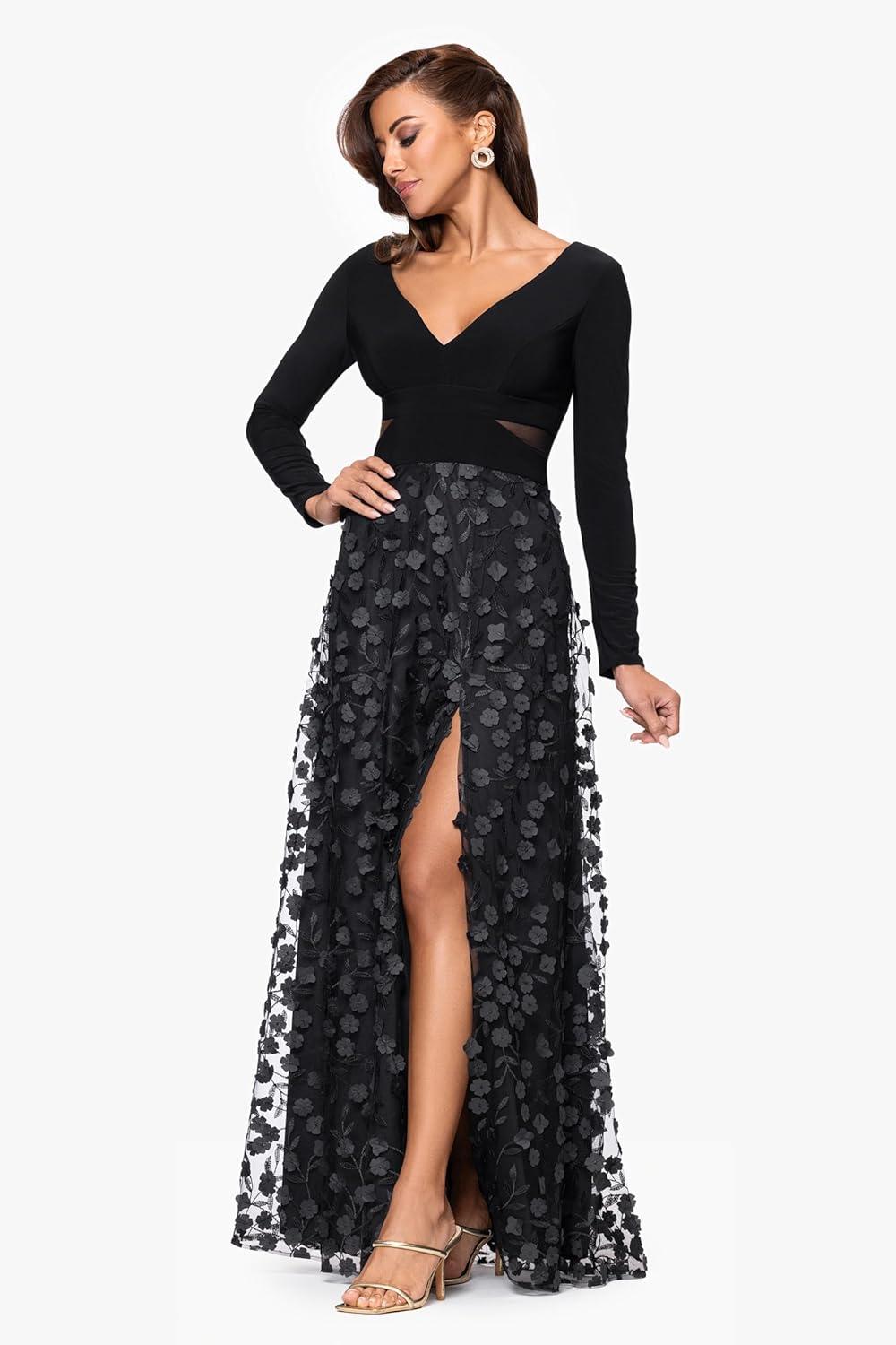 image:imageXscape Womens Jersey Knit Long Sleeve VNeck Floral Skirted GownBlack