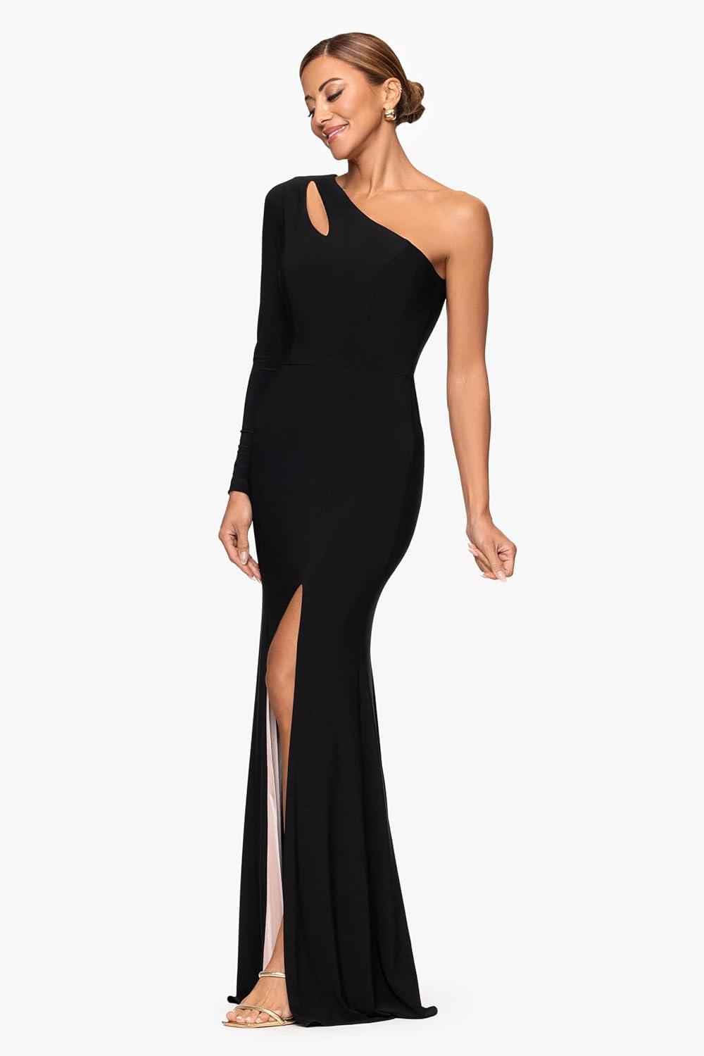 image:imageXscape Womens Jersey Knit One Shoulder Long Sleeve Cutout Slit Floor Length DressBlackNude