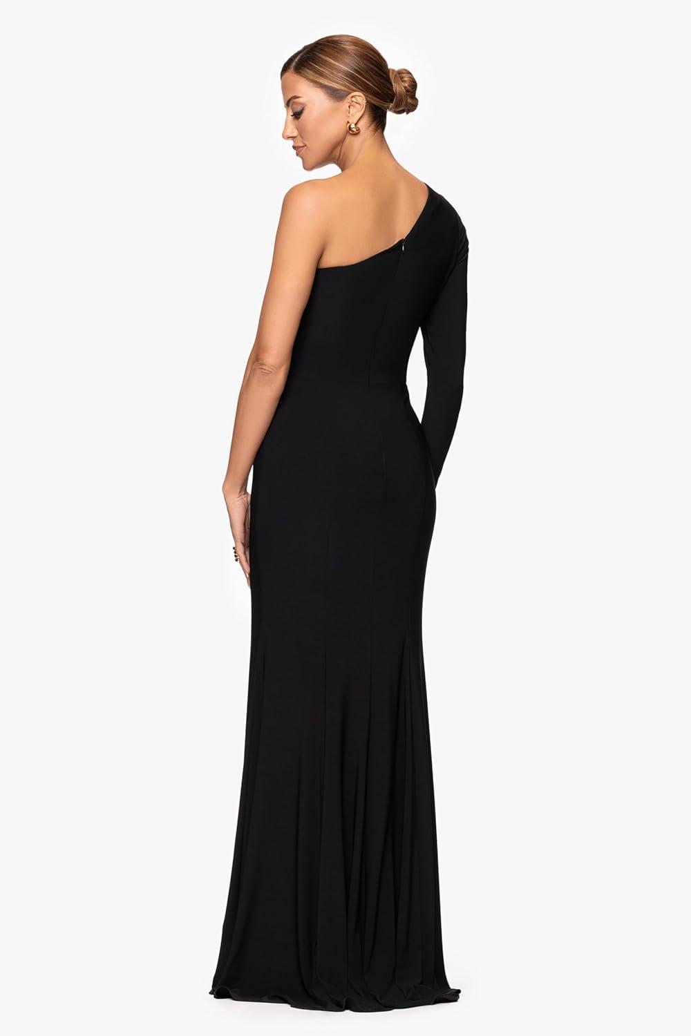 image:imageXscape Womens Jersey Knit One Shoulder Long Sleeve Cutout Slit Floor Length DressBlackNude