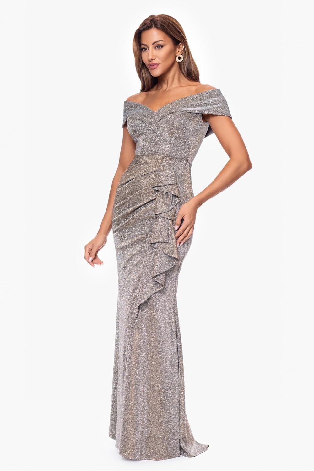 image:imageXscape Womens Long Foil Knit Off The Shoulder Floor Length Ruffle DressSand