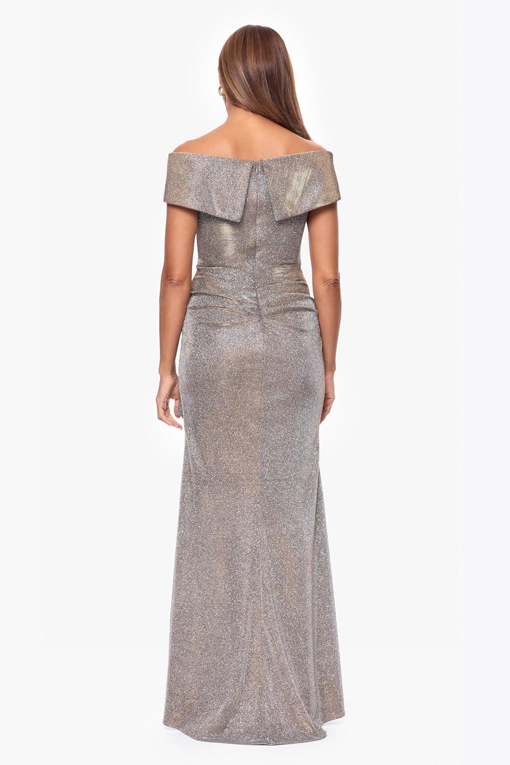 image:imageXscape Womens Long Foil Knit Off The Shoulder Floor Length Ruffle DressSand