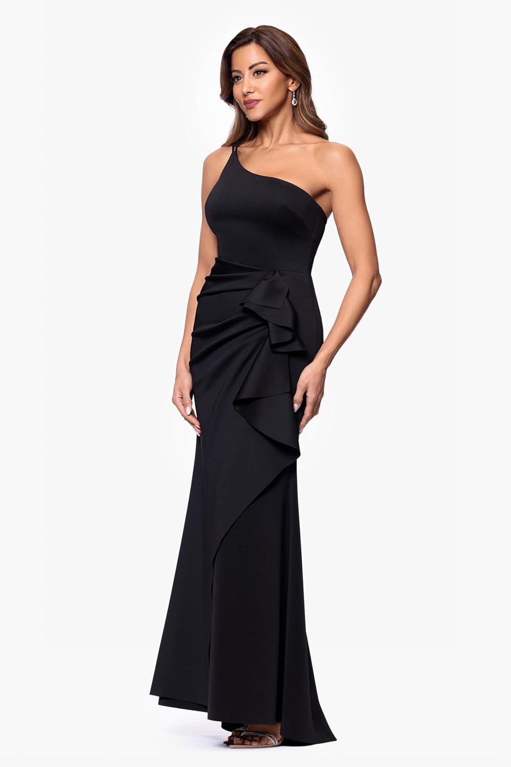image:imageXscape Womens Long One Shoulder Scuba Side Ruffle DressBlack