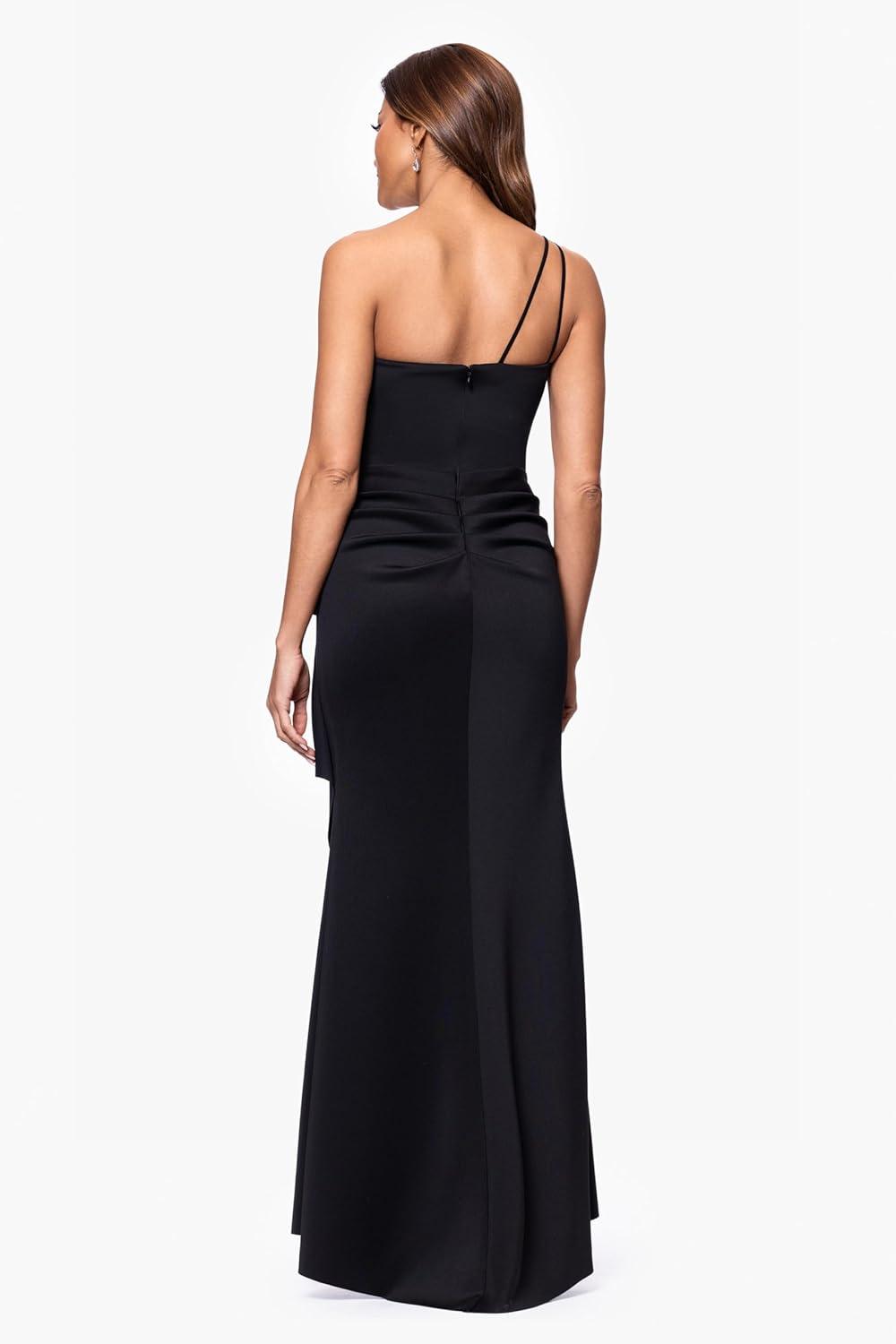 image:imageXscape Womens Long One Shoulder Scuba Side Ruffle DressBlack