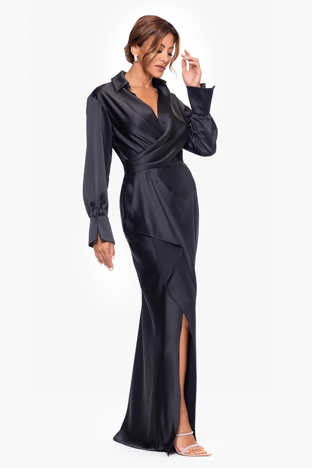 image:imageXscape Womens Long Satin Long Sleeve CollaredBlack