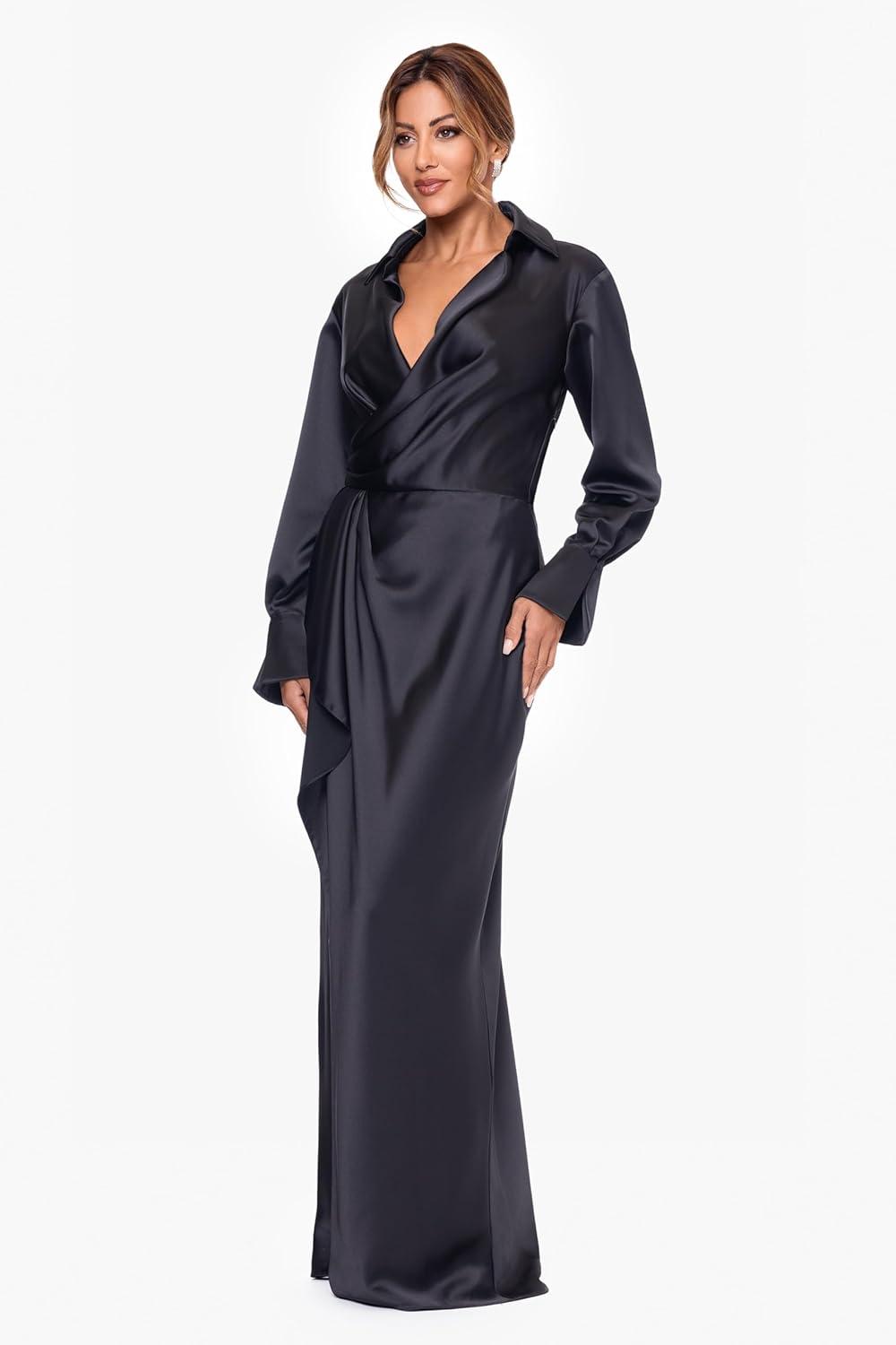 image:imageXscape Womens Long Satin Long Sleeve CollaredBlack