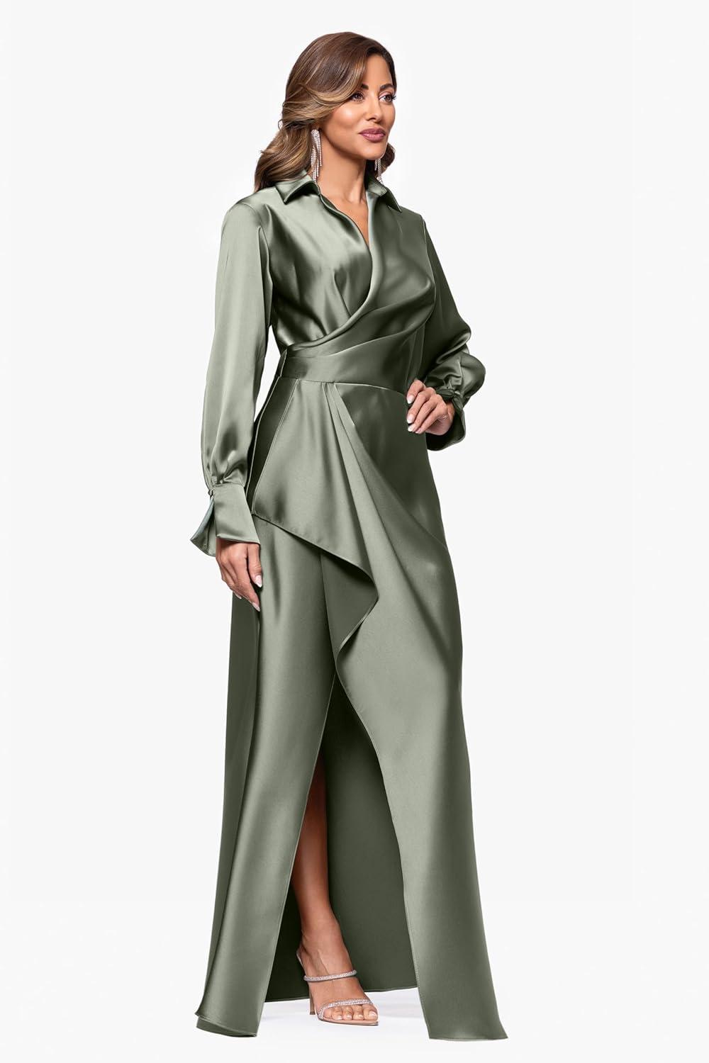 image:imageXscape Womens Long Satin Long Sleeve CollaredOlive