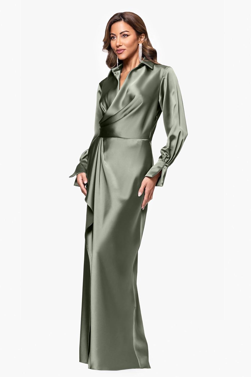 image:imageXscape Womens Long Satin Long Sleeve CollaredOlive