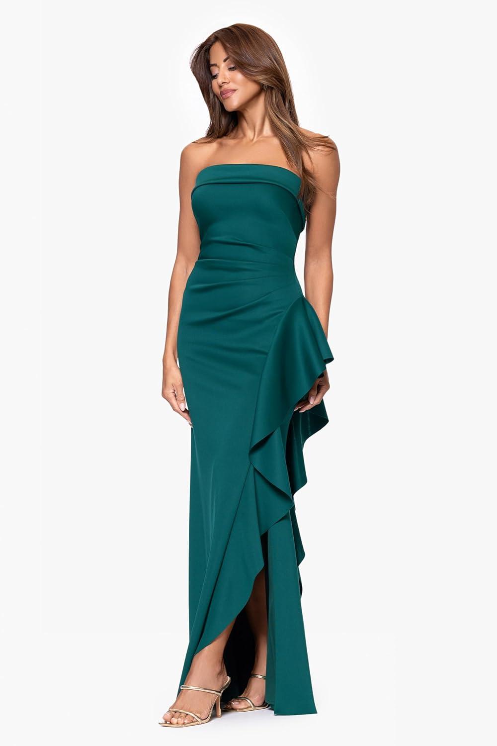 image:imageXscape Womens Long Scuba Tech Strapless Ruffle Dress Hunter 8