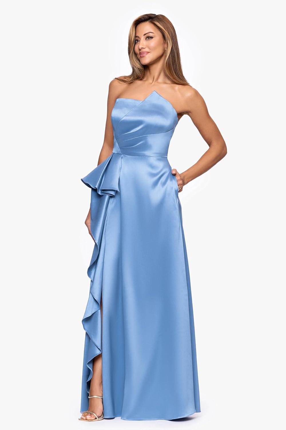 image:imageXscape Womens Mikado Sleeveless Asymmetrical Neck Floor Length DressSlate