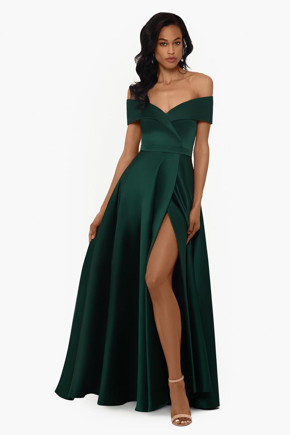 image:imageXscape Womens Off The Shoulder Sweetheart Satin Floor Length DressEmerald