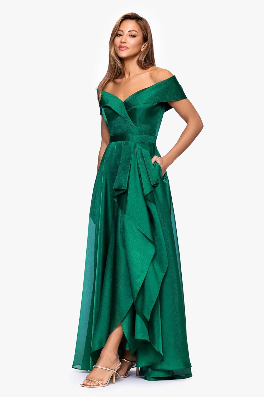 image:imageXscape Womens Organza Off The Shoulder Ruffle Draped Aline Floor Length DressGreen