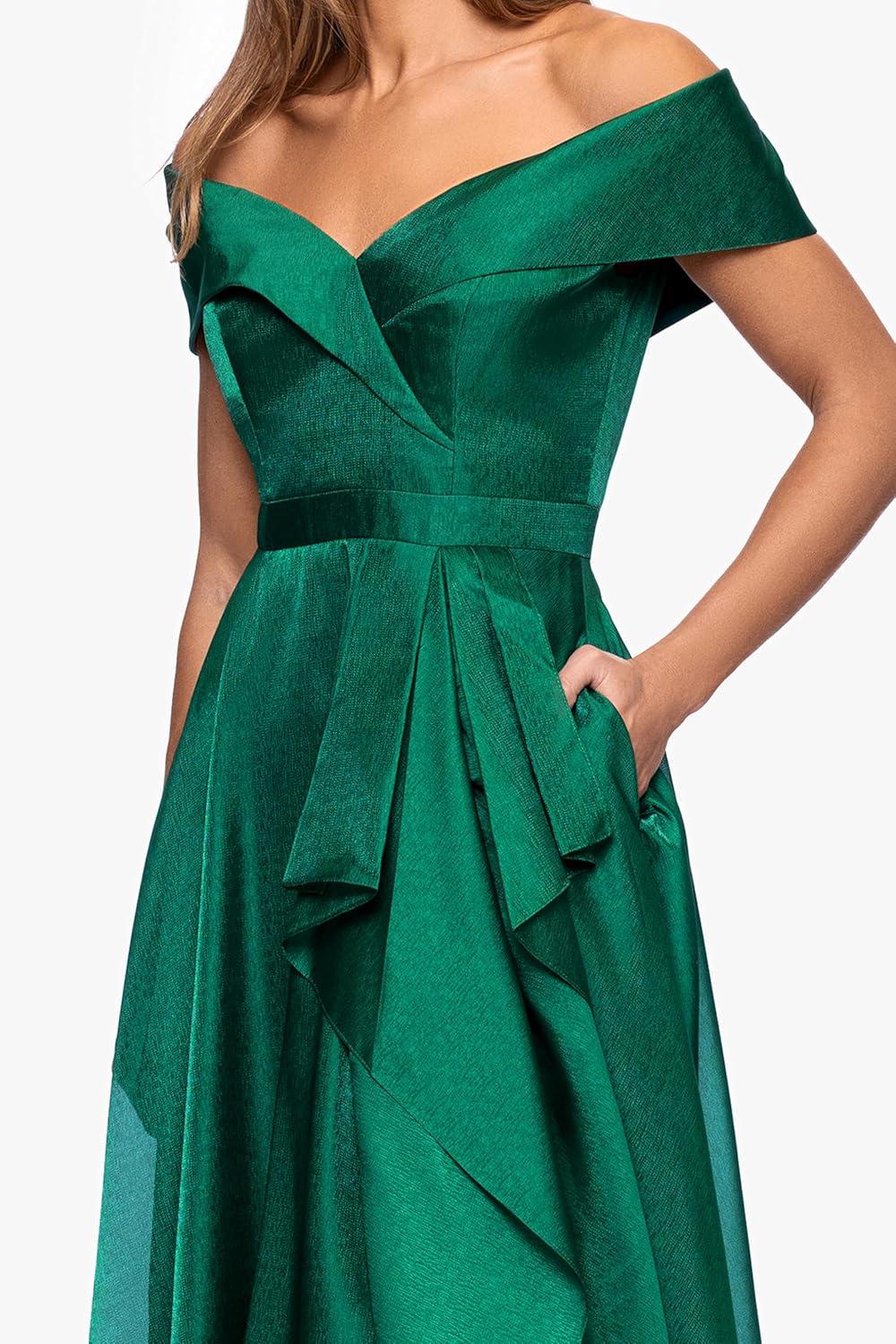 image:imageXscape Womens Organza Off The Shoulder Ruffle Draped Aline Floor Length DressGreen
