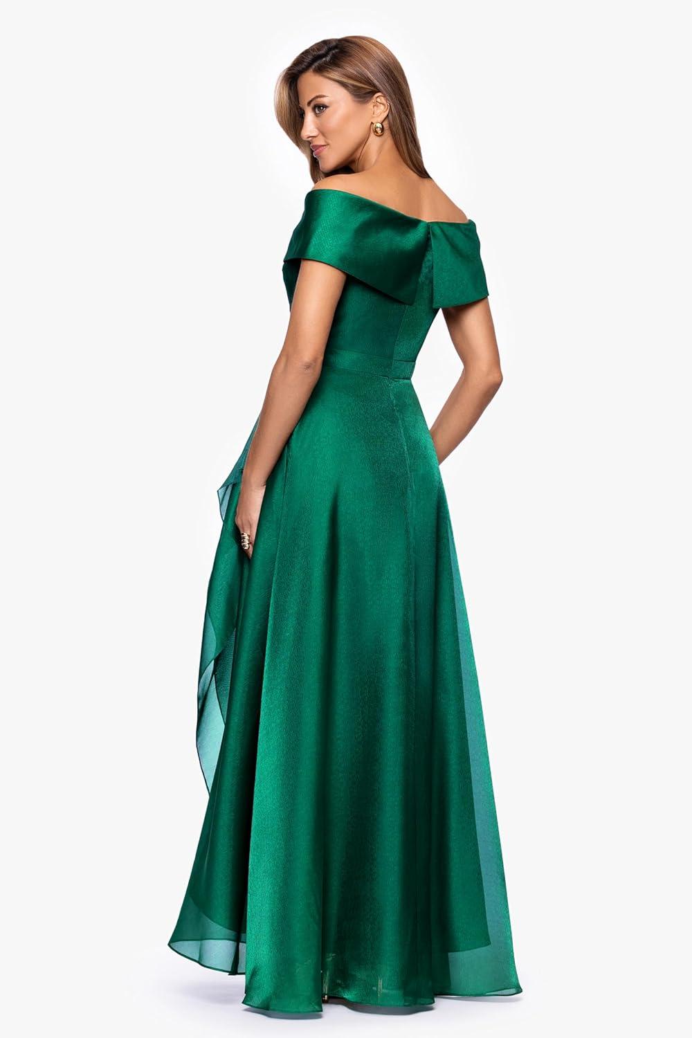 image:imageXscape Womens Organza Off The Shoulder Ruffle Draped Aline Floor Length DressGreen