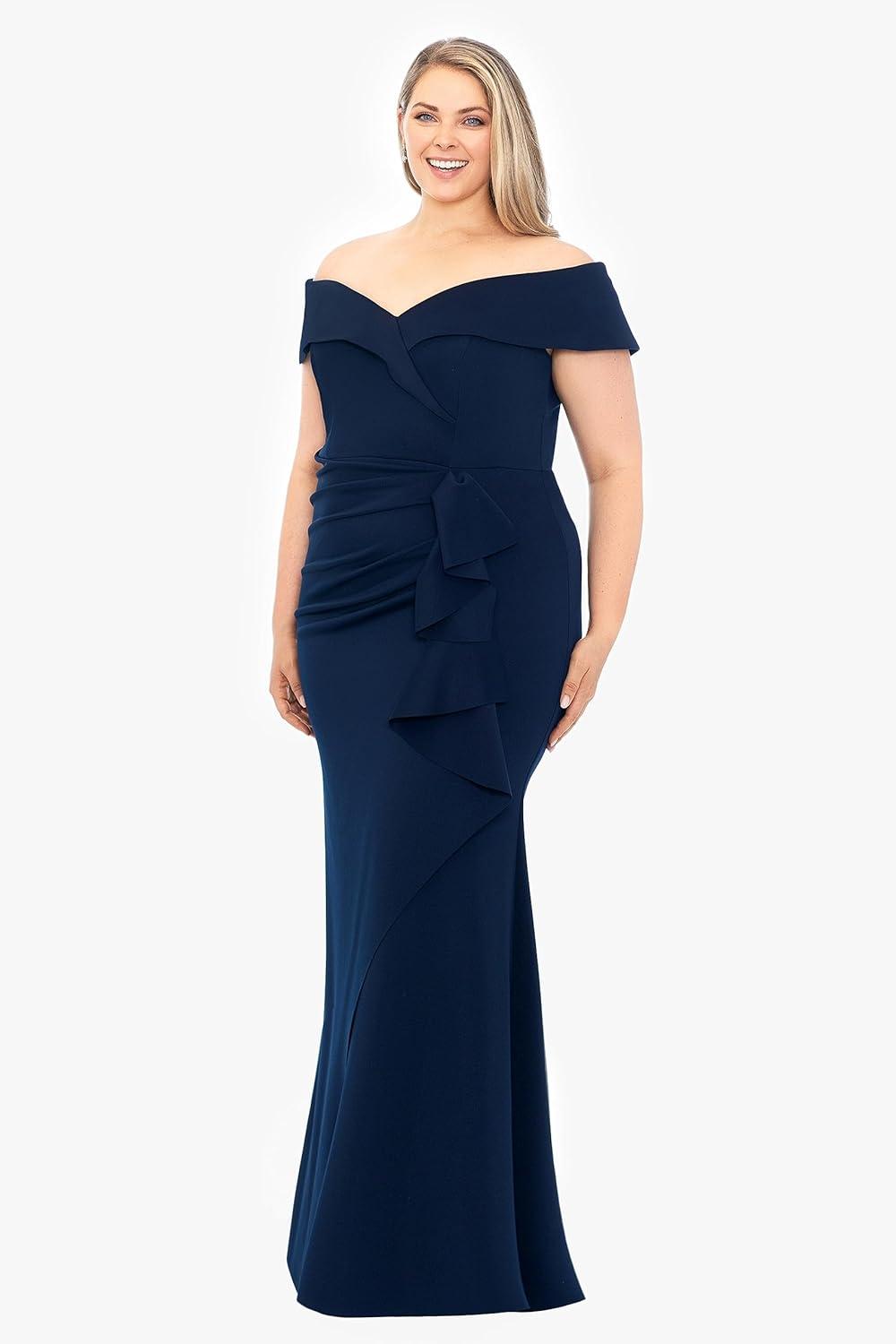 image:imageXscape Womens Plus Size Off Shoulder Sweetheart Neck Ruffle Long DressMidnight