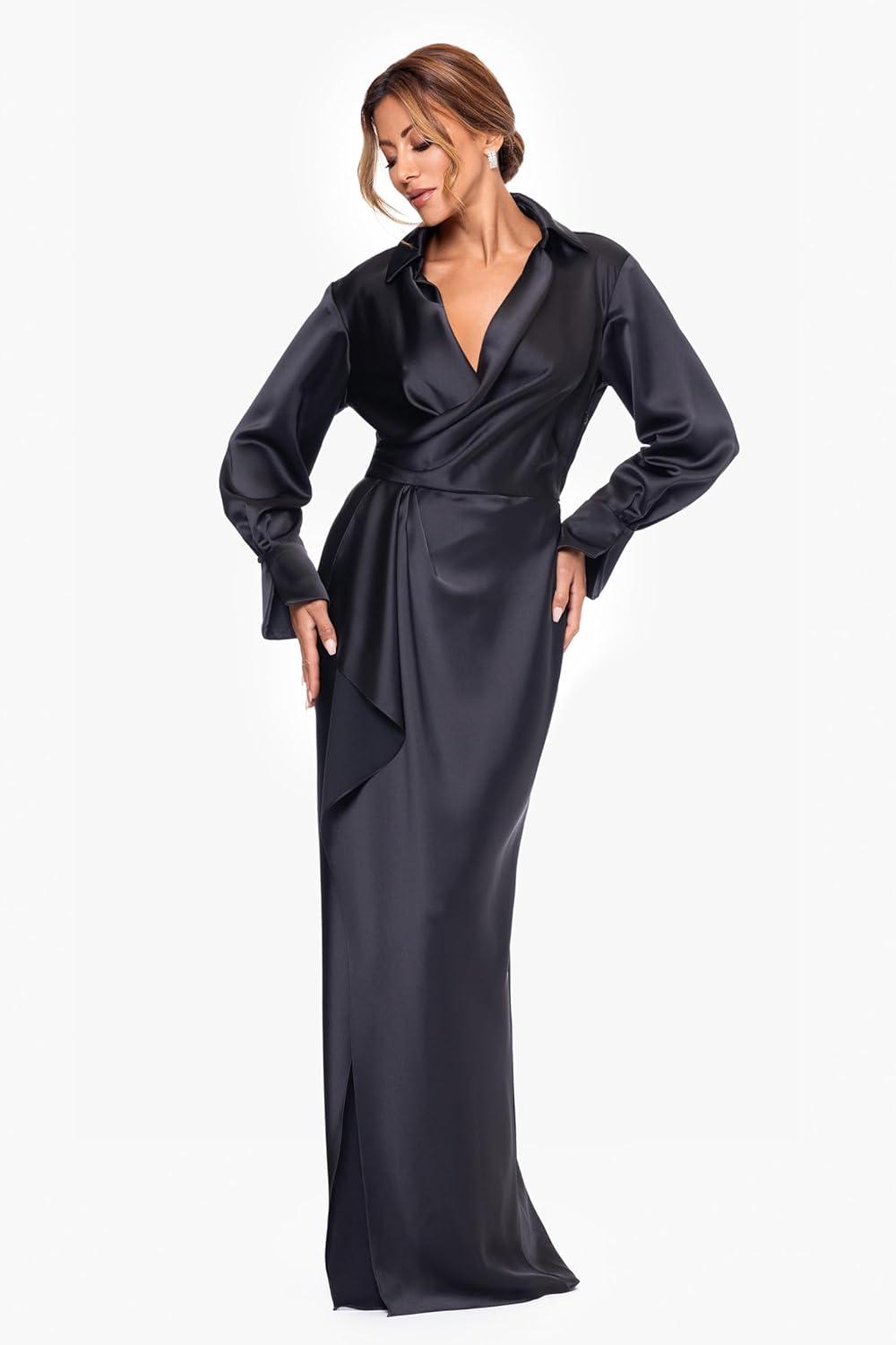 image:imageXscape Womens Satin Collar Neck Long Sleeve Ruffle Modest Dress PetiteBlack