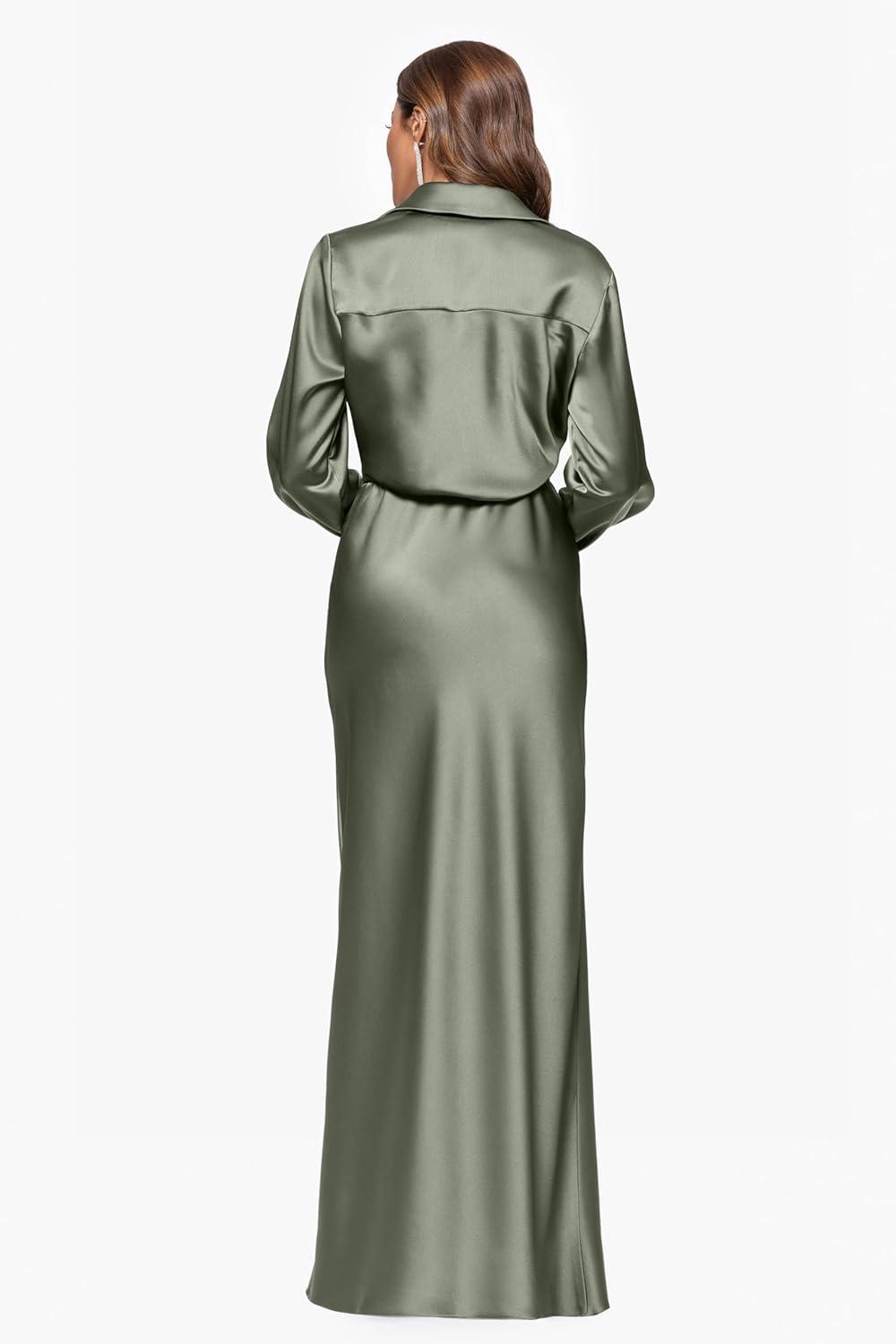 image:imageXscape Womens Satin Collar Neck Long Sleeve Ruffle Modest Dress PetiteOlive