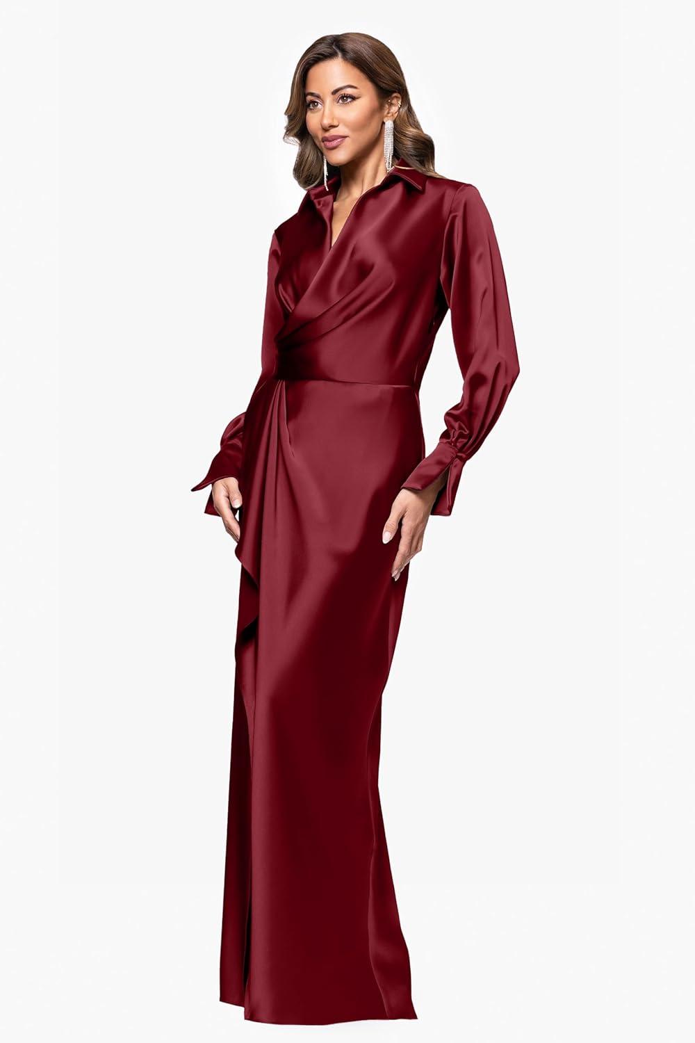 image:imageXscape Womens Satin Collar Neck Long Sleeve Ruffle Modest Dress PetiteWine