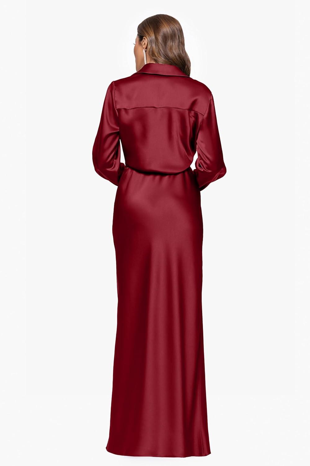 image:imageXscape Womens Satin Collar Neck Long Sleeve Ruffle Modest Dress PetiteWine