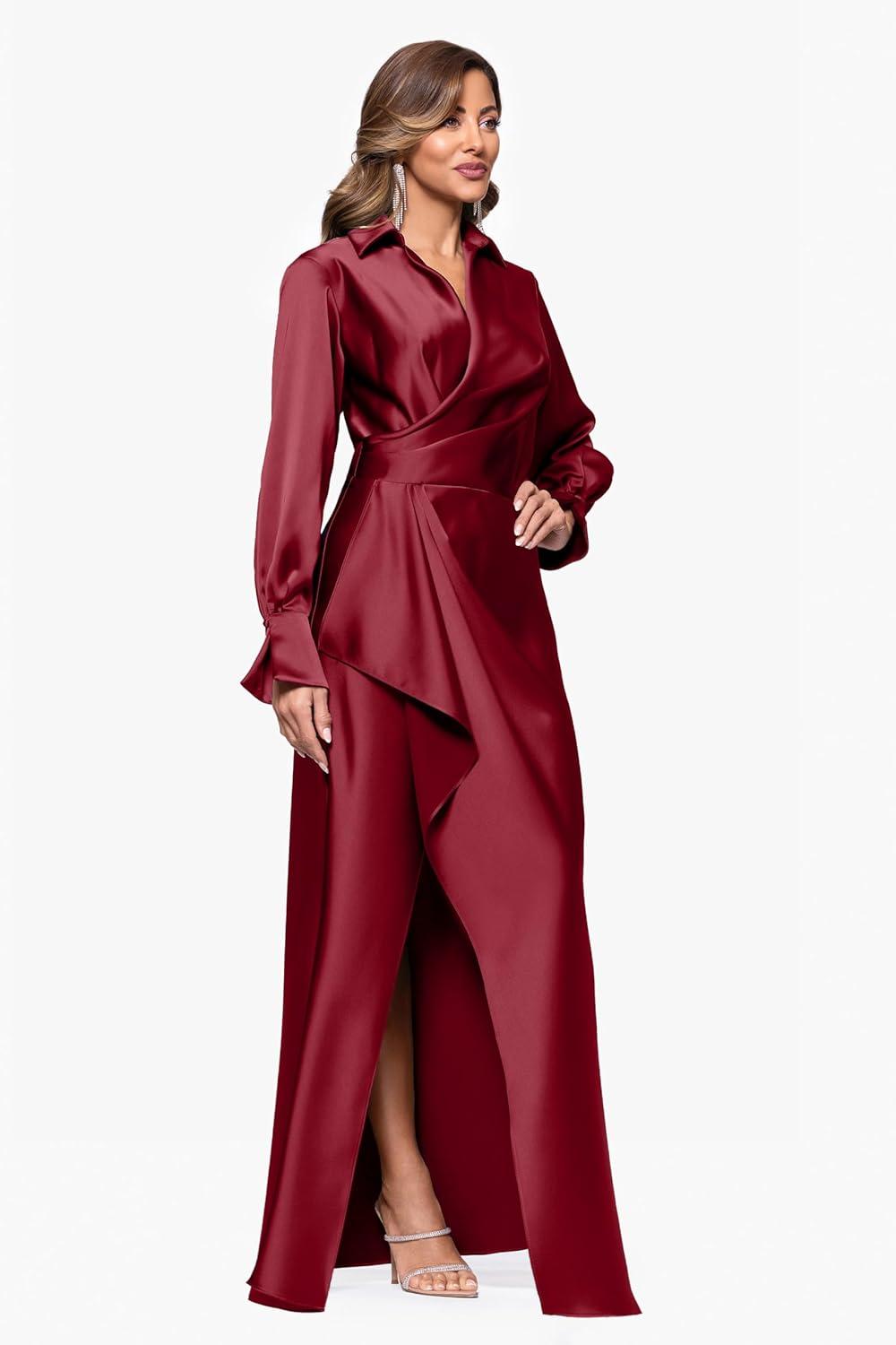 image:imageXscape Womens Satin Collar Neck Long Sleeve Ruffle Modest Dress PetiteWine