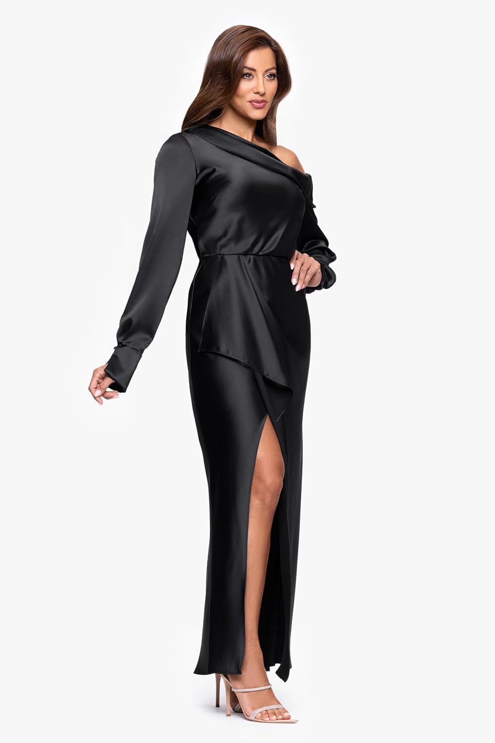 image:imageXscape Womens Satin Drop Shoulder Long Sleeve Ruffle Floor Length DressBlack