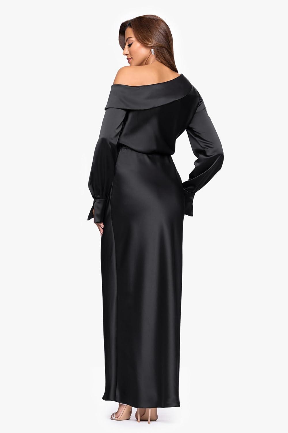 image:imageXscape Womens Satin Drop Shoulder Long Sleeve Ruffle Floor Length DressBlack