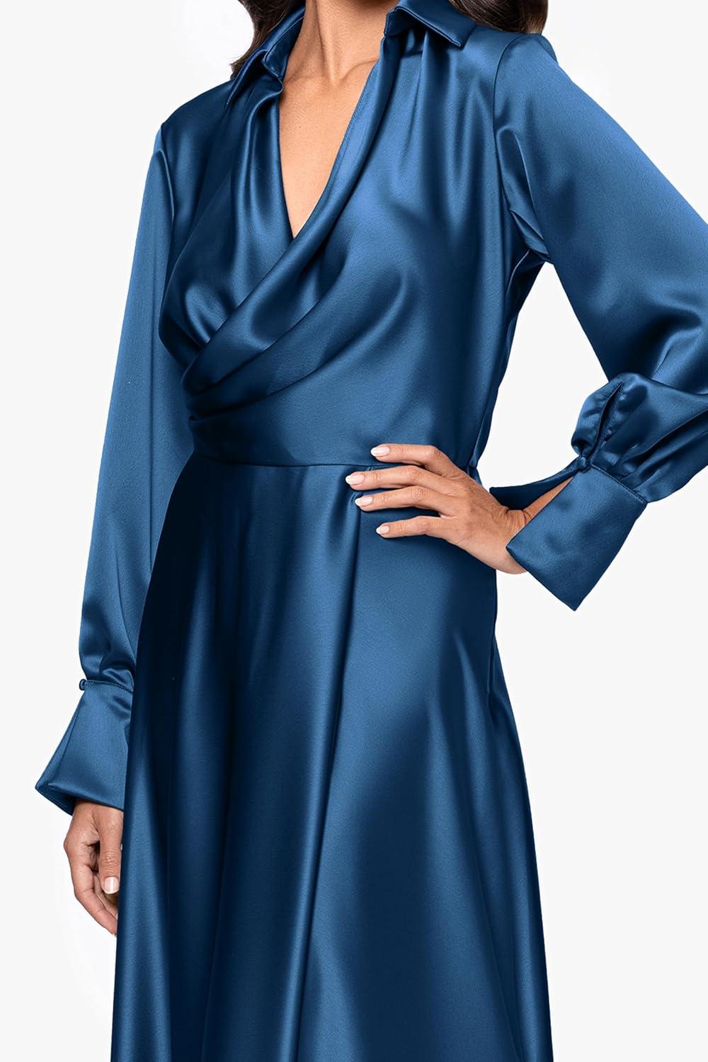 image:imageXscape Womens Satin Long Sleeve Collared Neck Floor Length DressOcean