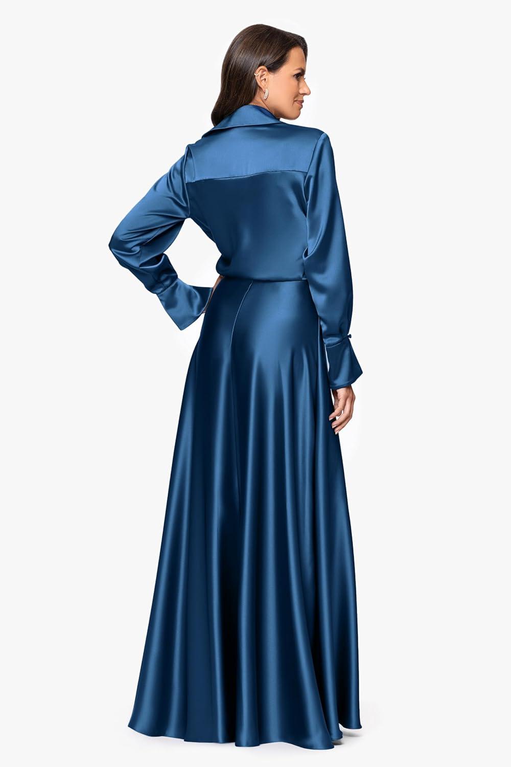 image:imageXscape Womens Satin Long Sleeve Collared Neck Floor Length DressOcean