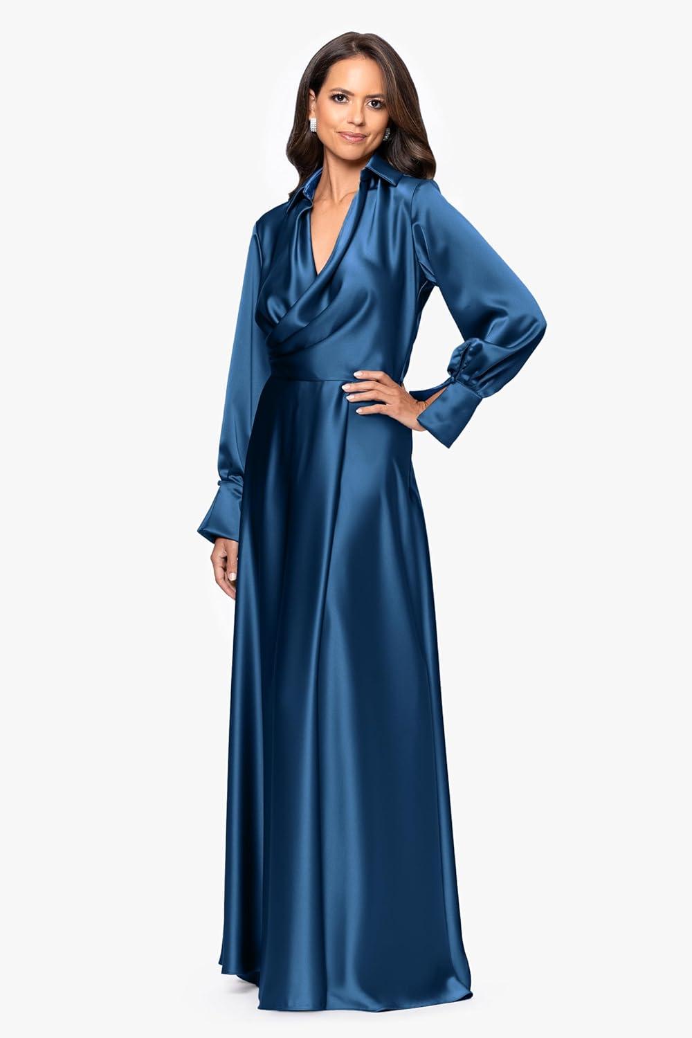 image:imageXscape Womens Satin Long Sleeve Collared Neck Floor Length DressOcean