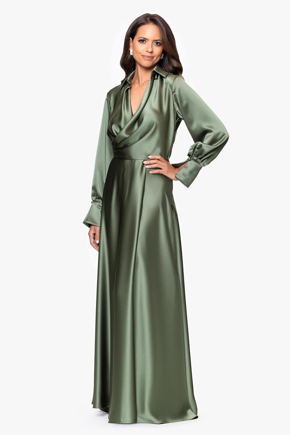 image:imageXscape Womens Satin Long Sleeve Collared Neck Floor Length DressOlive