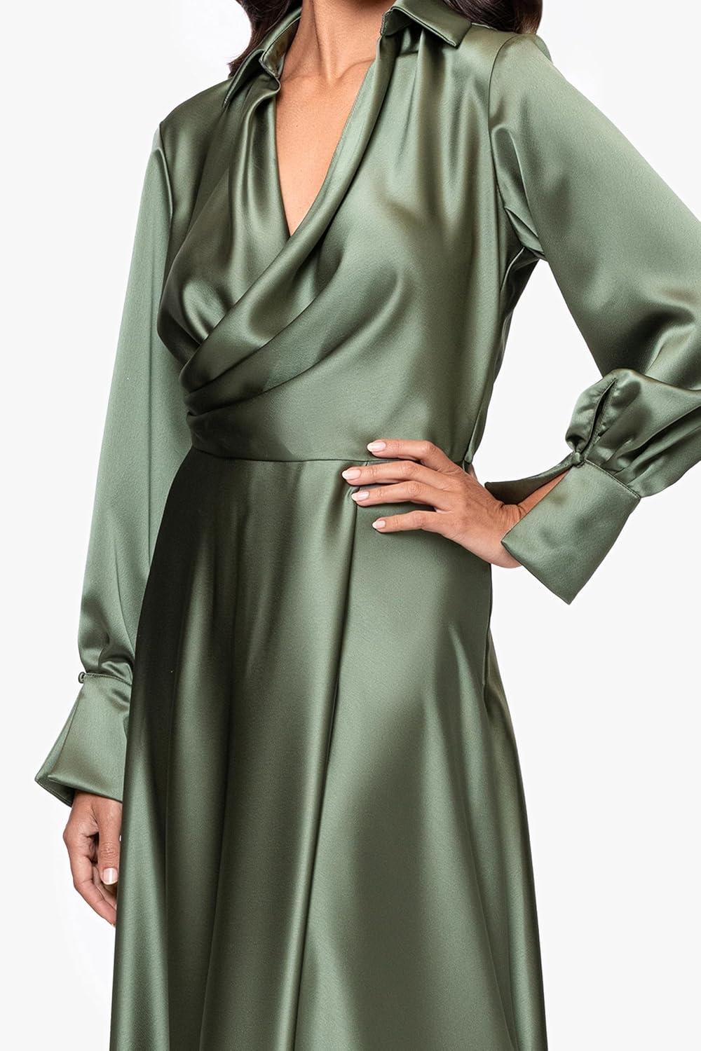 image:imageXscape Womens Satin Long Sleeve Collared Neck Floor Length DressOlive