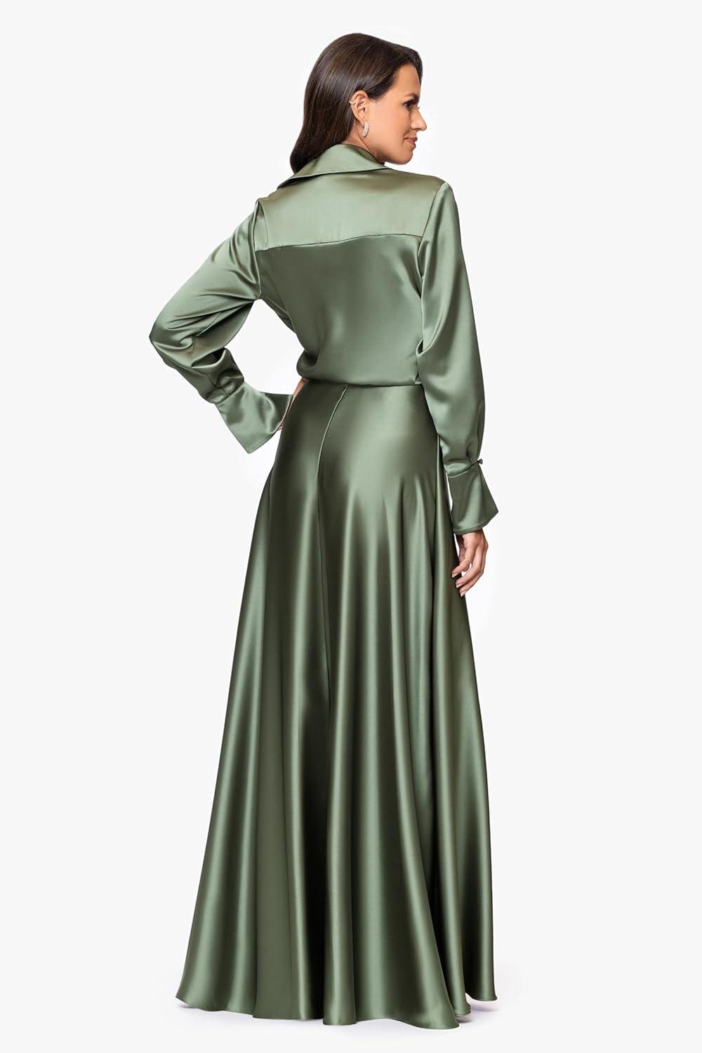 image:imageXscape Womens Satin Long Sleeve Collared Neck Floor Length DressOlive