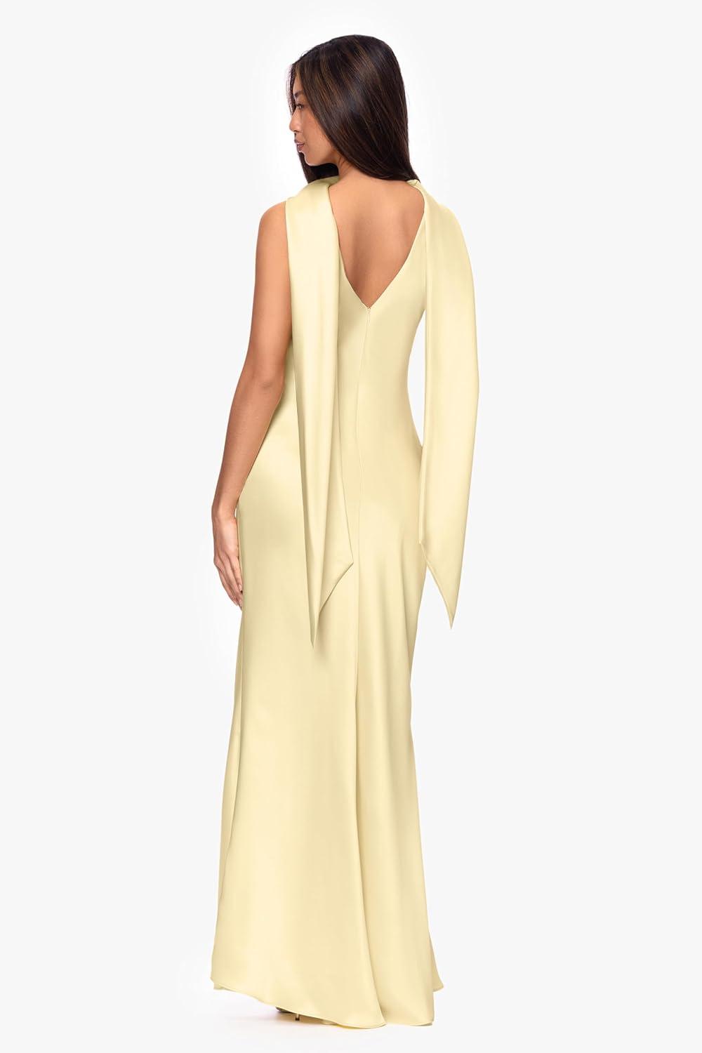 image:imageXscape Womens Satin Mock Neck Sleeveless Floor Length DressButter