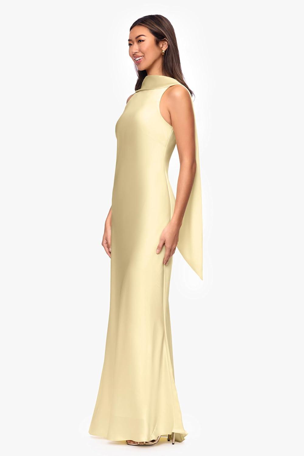 image:imageXscape Womens Satin Mock Neck Sleeveless Floor Length DressButter