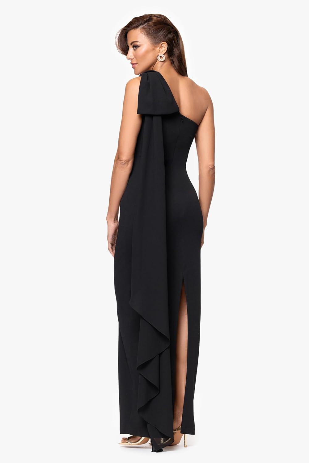 image:imageXscape Womens Scuba Crepe Asymmetrical Neck and Chiffon Sash Floor Length DressBlack