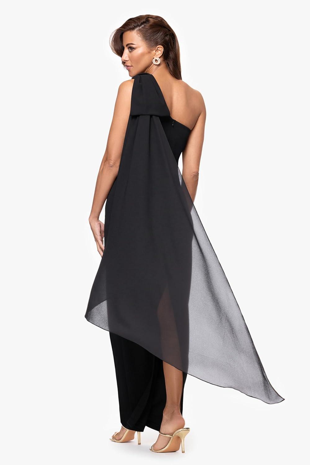 image:imageXscape Womens Scuba Crepe Asymmetrical Neck and Chiffon Sash Floor Length DressBlack