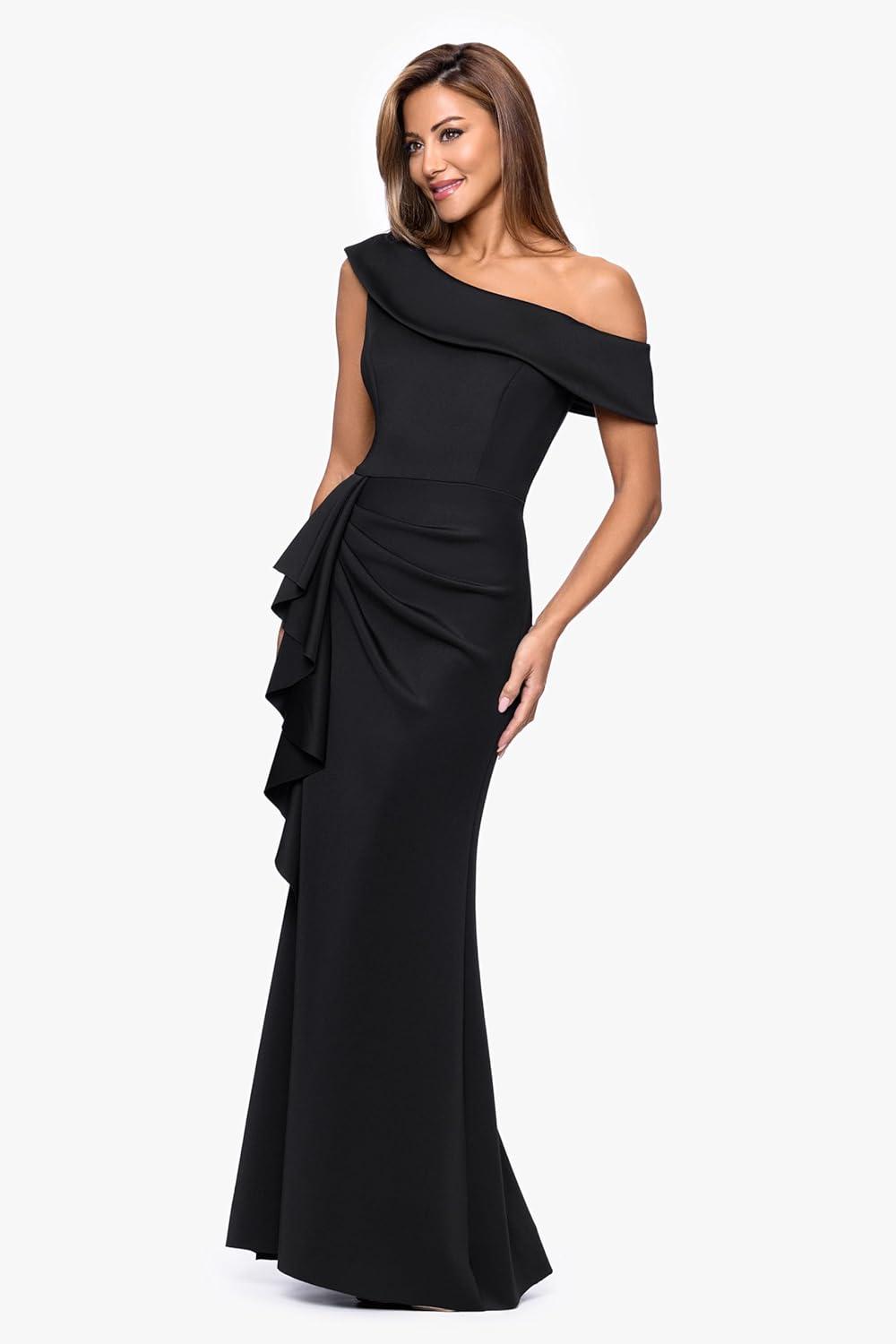 image:imageXscape Womens Scuba Crepe Drop Shoulder Ruffle Draped Floor Length DressBlack