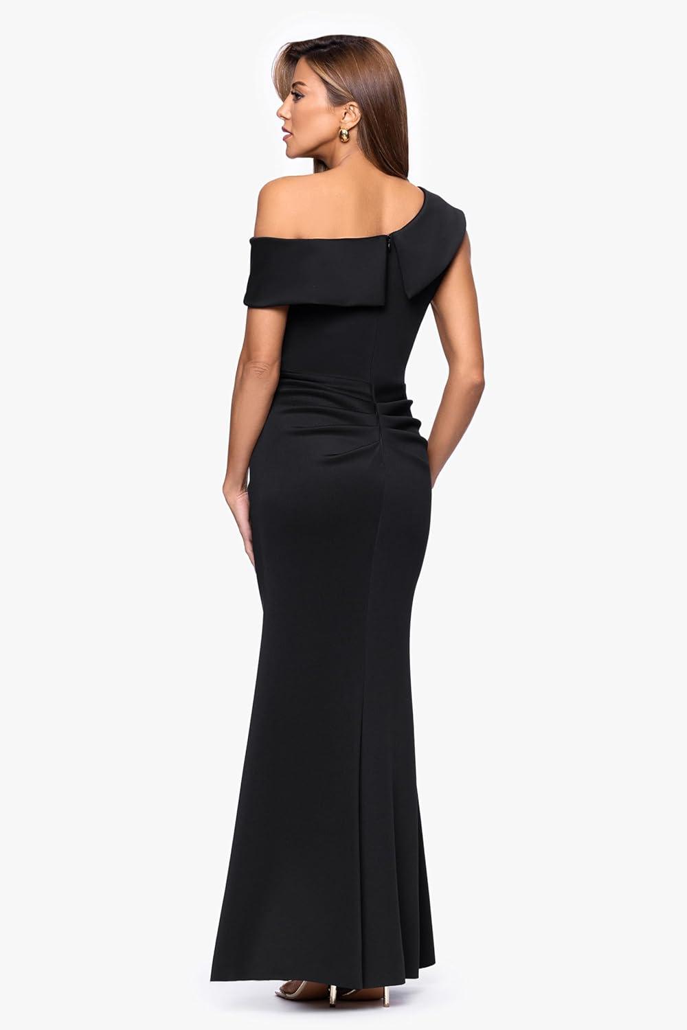 image:imageXscape Womens Scuba Crepe Drop Shoulder Ruffle Draped Floor Length DressBlack