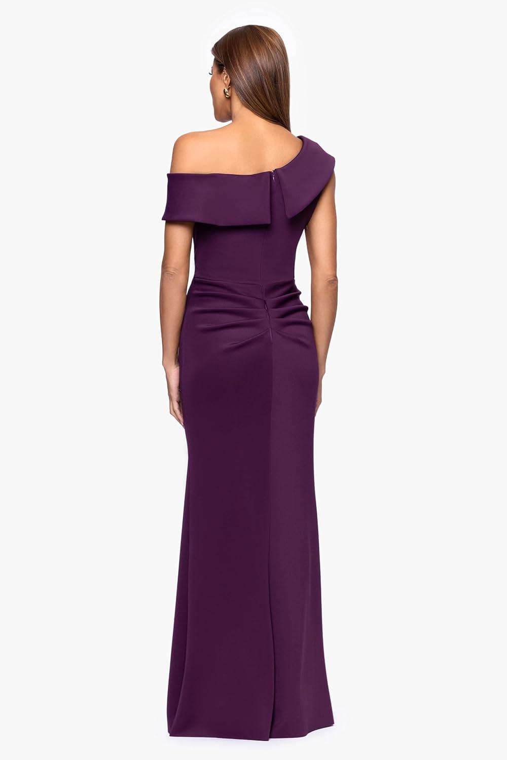 image:imageXscape Womens Scuba Crepe Drop Shoulder Ruffle Draped Floor Length DressPlum