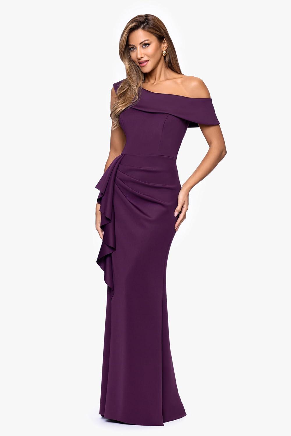 image:imageXscape Womens Scuba Crepe Drop Shoulder Ruffle Draped Floor Length DressPlum