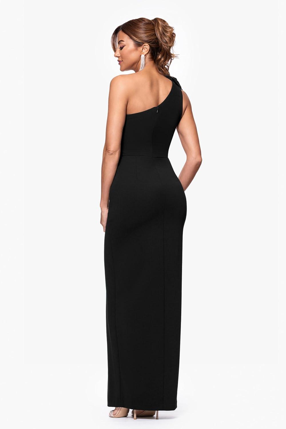 image:imageXscape Womens Scuba Crepe Flower Embellished One Shoulder Floor Length DressBlack